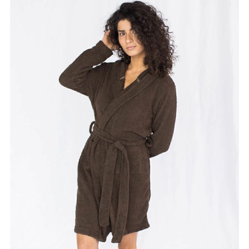 Mina Lisa Feather Knit Hooded Lounge Robe in Cocoa S